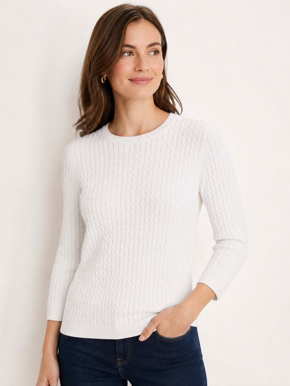 Vintage Lands’ End White Cable Knit Pima Cotton Sweater Women’s M NWT Tenniscore